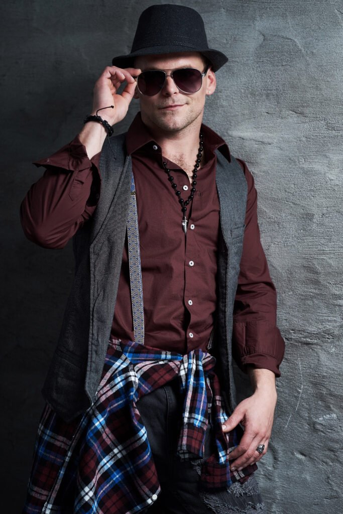 Portrait Casual Male Dressed Shirt Waistcoat Sunglasses Grey Background 683x1024